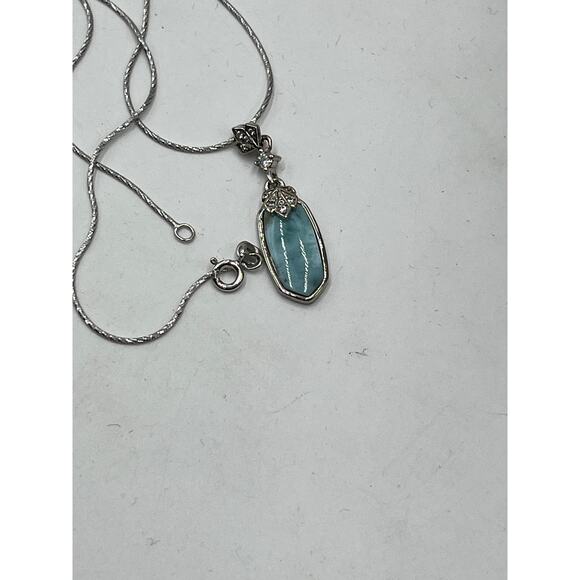 Larimar CZ Pendant Necklace Intricate Sterling Silver Setting and Chain - Picture 9 of 10